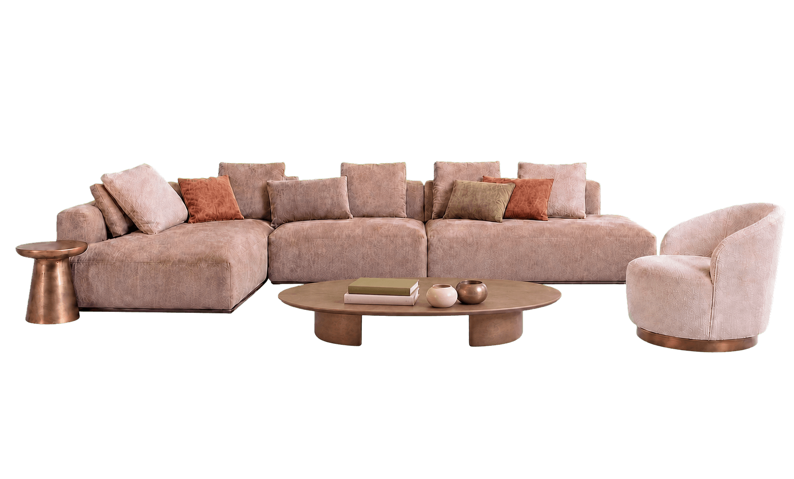 Specified furniture set with sofa, lounge chair, side table, and coffee table