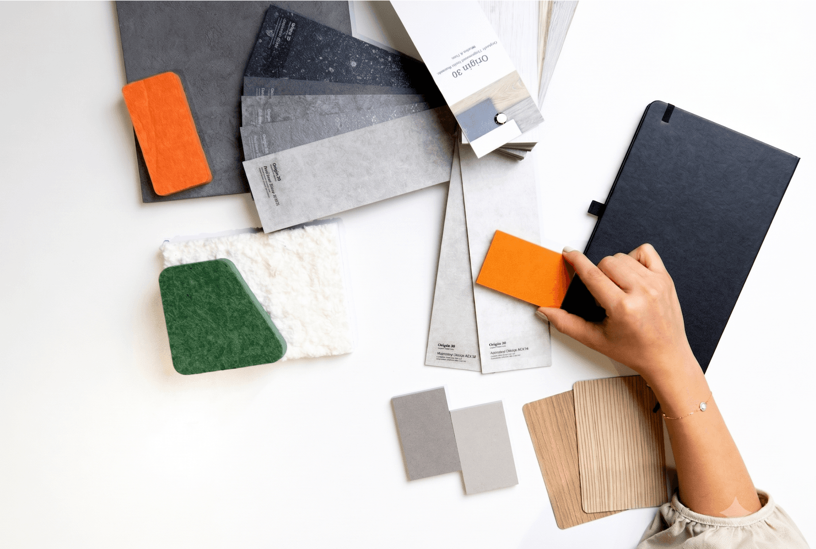 Material and finish samples arranged on a specification board