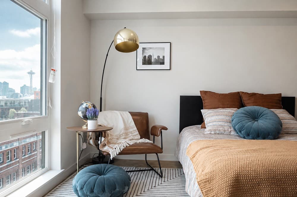 Model residence at Roystone Apartments with a view of Seattle